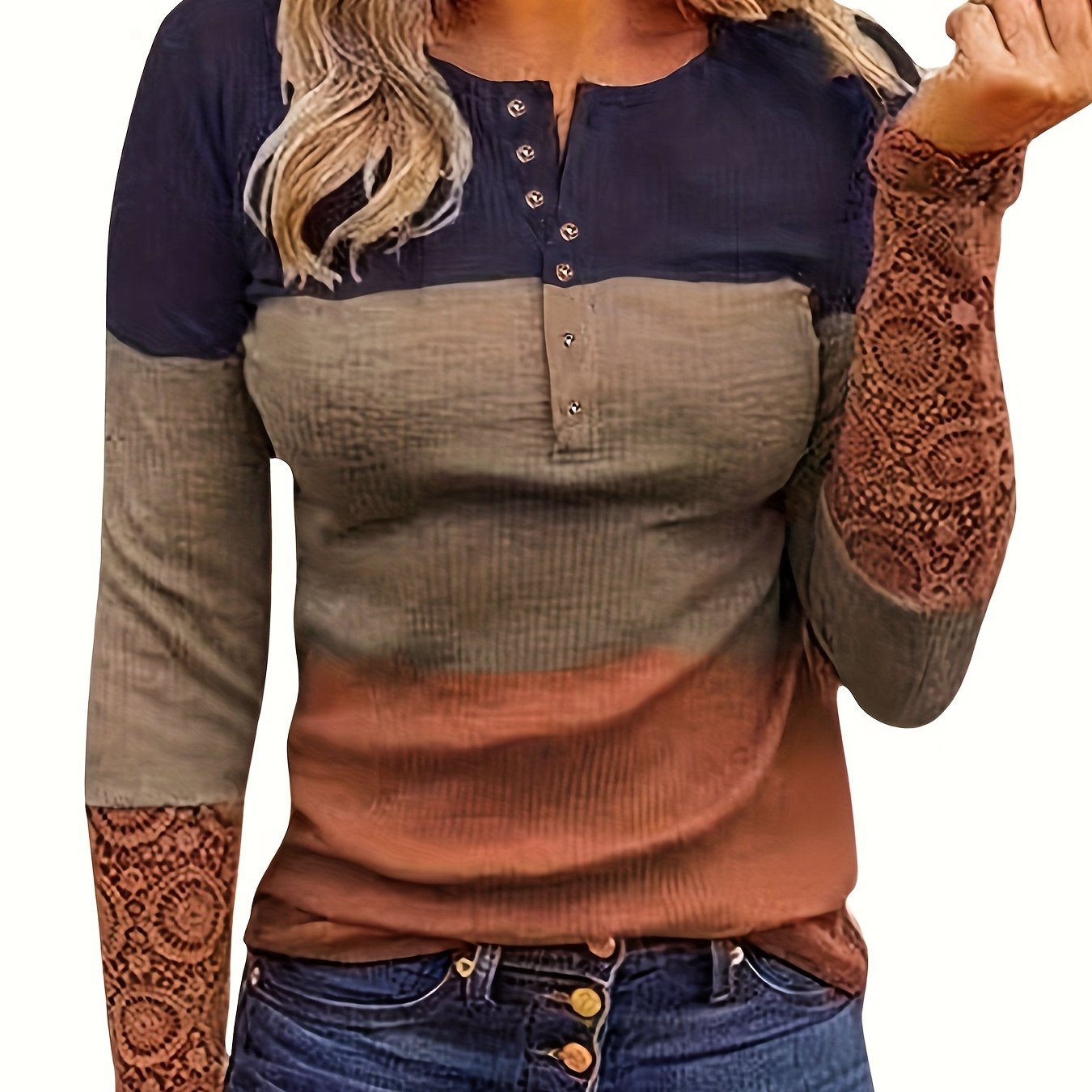 Lace Stitching Gradient T-Shirt, Casual Long Sleeve Top For Spring & Fall, Women's Clothing