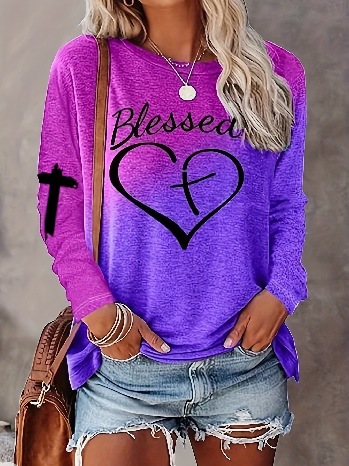 Letter & Heart Print T-shirt, Casual Long Sleeve Crew Neck T-shirt For Spring & Summer, Women's Clothing