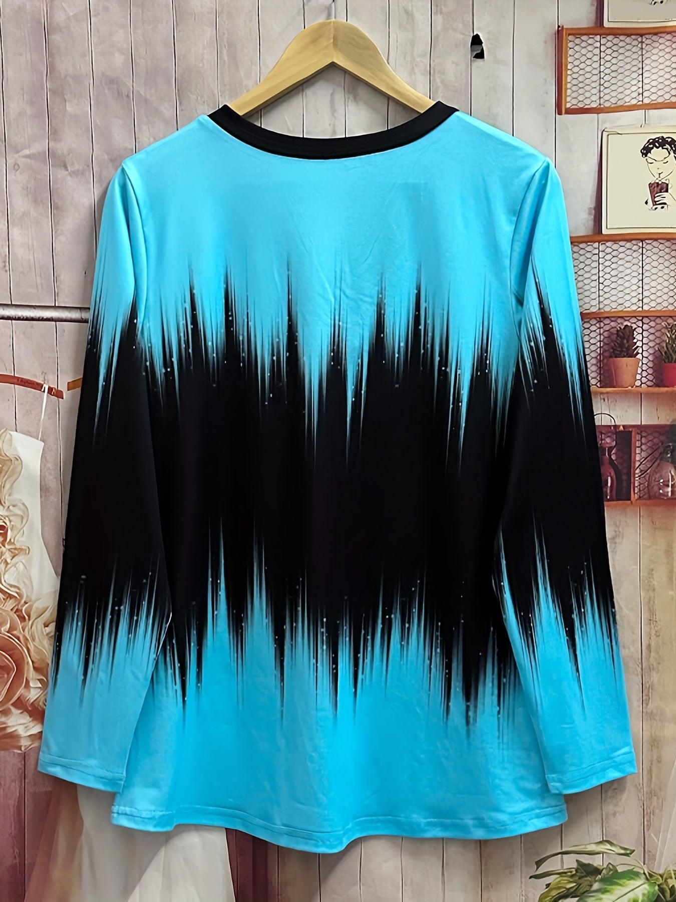 Colorblock Print V Neck T-Shirt, Casual Long Sleeve Top For Spring & Fall, Women's Clothing